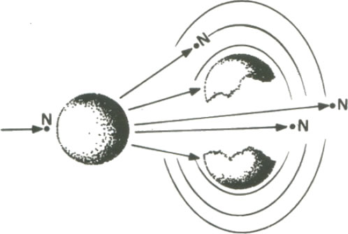 Fig. 1 - A desintegraçãodo urânio, bombardeado por nêutrons, em dois fragmentos, com a produçãode vários outros nêutrons. 
